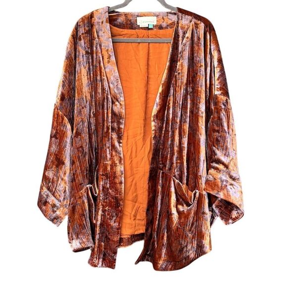 Anthropologie Esme Velvet Kimono Jacket Women's 1x Copper Floral - Picture 1 of 3